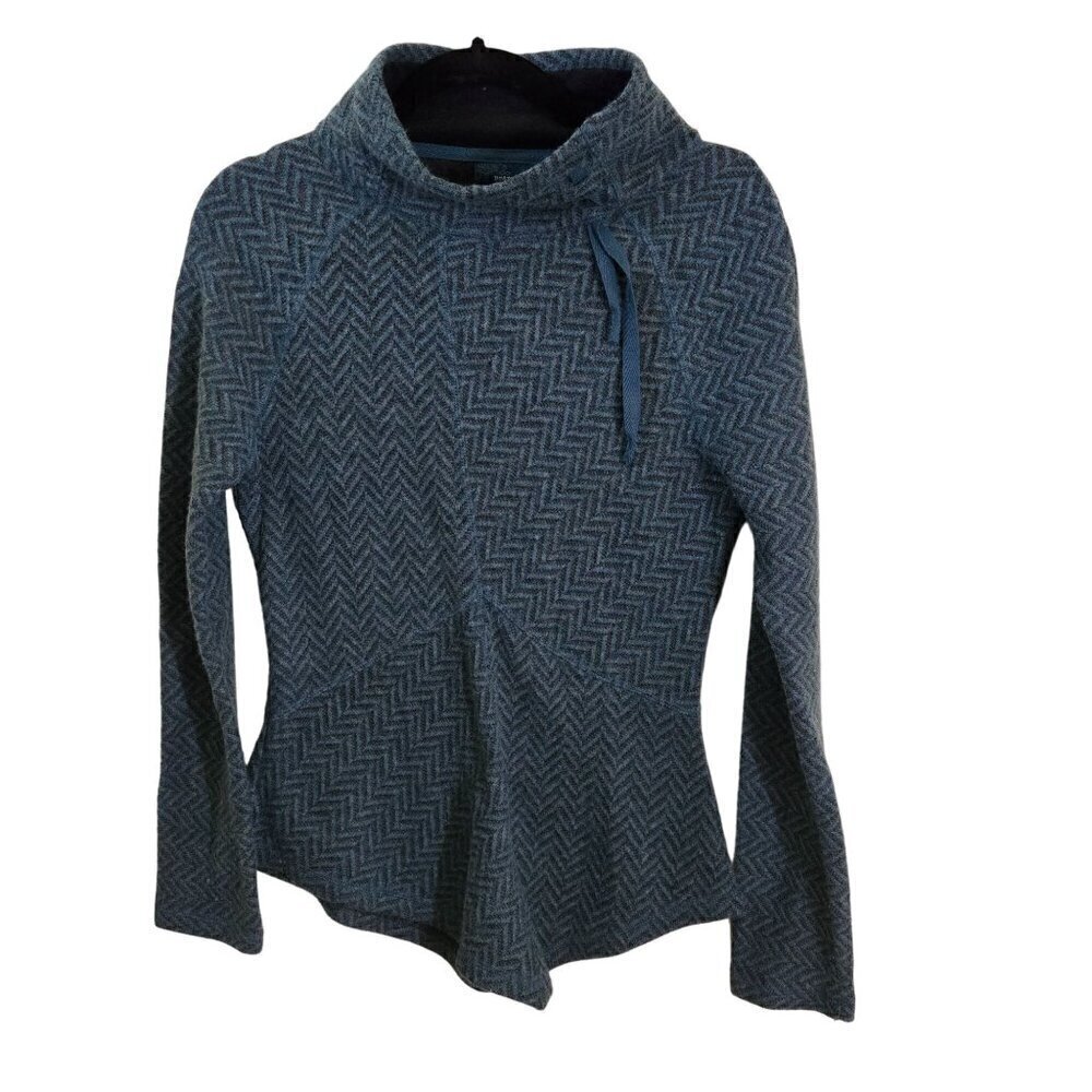 Prana Mattea Sweater Wool Blend Blue Herringbone Asymetrical Hem Size S